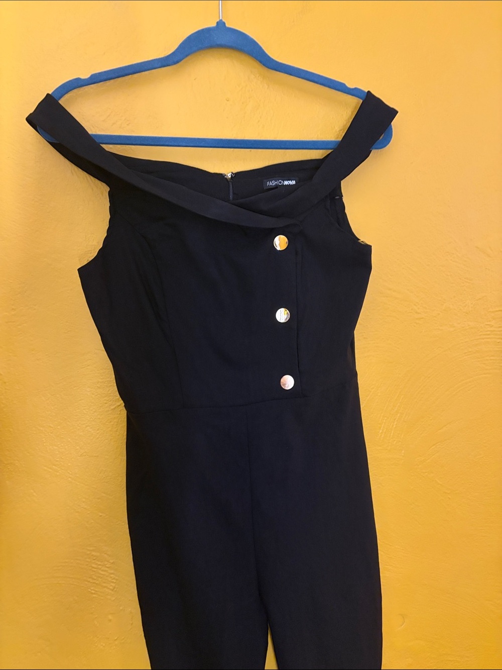 Fashion Nova Black Off-Shoulder Jumpsuit w Gold Buttons Worn 1, Large, Stretch